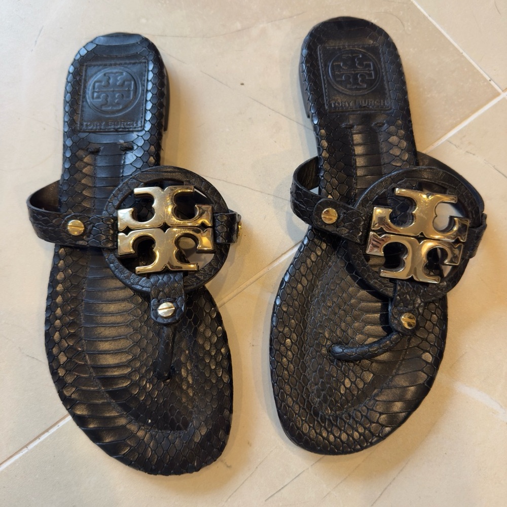 Tory Burch Black Snake Sandals with Gold Accents